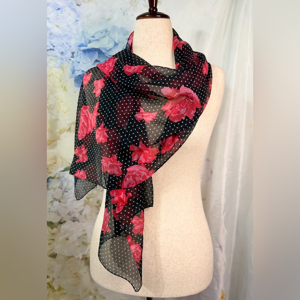 Sheer chiffon Black white polka dot Pink rose Scarf 19x60 old money lux feminine